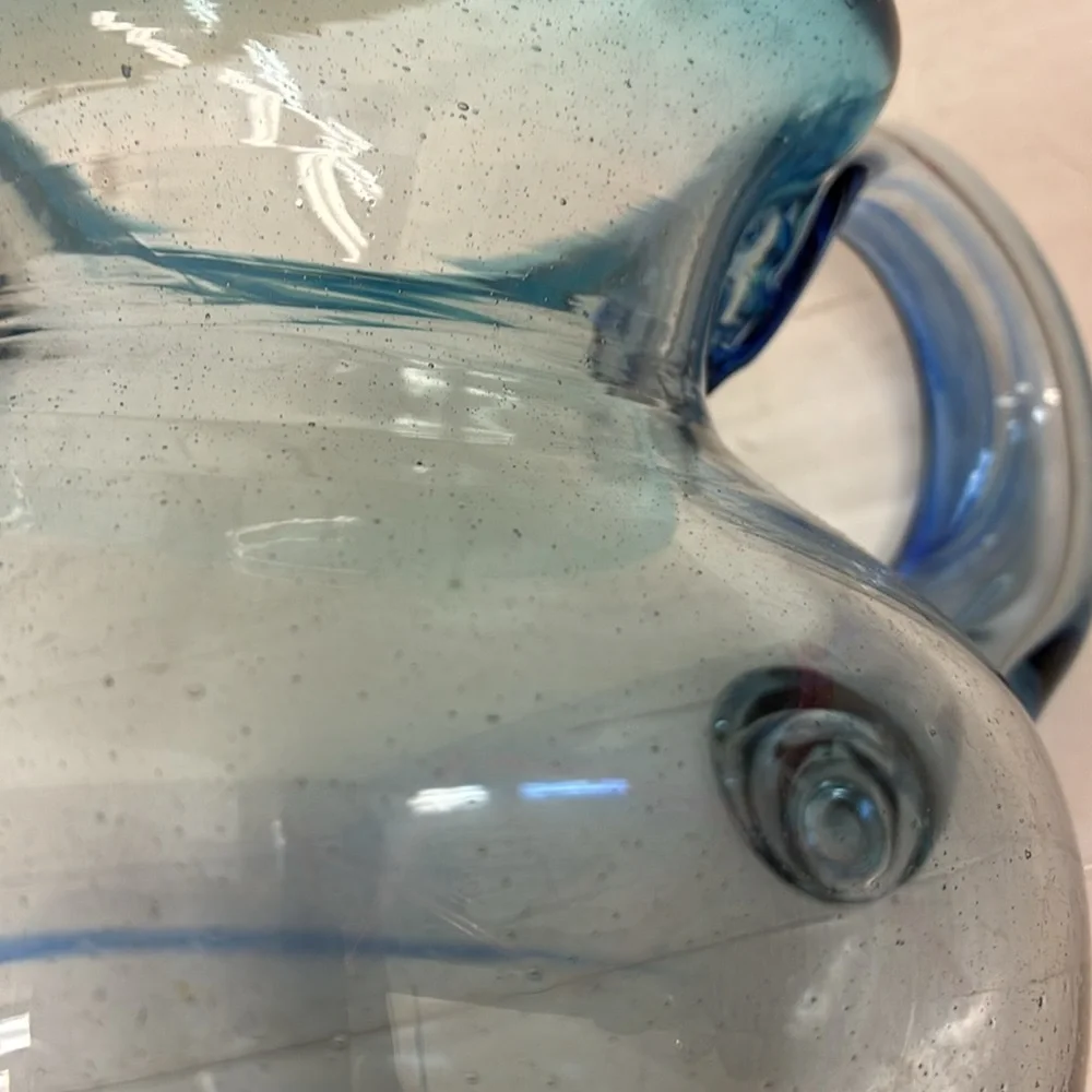 Hand Blown Blue Swirl Pitcher W/ Applied Handle Elegant Blue Glass Pitcher